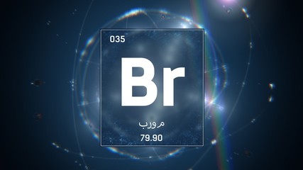 3D illustration of Bromine as Element 35 of the Periodic Table. Blue illuminated atom design background orbiting electrons name, atomic weight element number in Arabic language