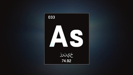 3D illustration of Arsenic as Element 33 of the Periodic Table. Grey illuminated atom design background orbiting electrons name, atomic weight element number in Arabic language