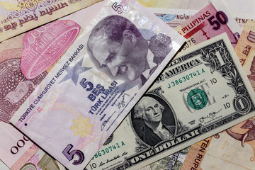 One  US Dollar with Different Turkish Lira Banknotes