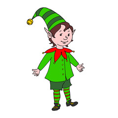 Cute little Christmas Elf Boy. New year and Xmas characters. Simple color illustration for greeting cards, calendars, prints, children's book