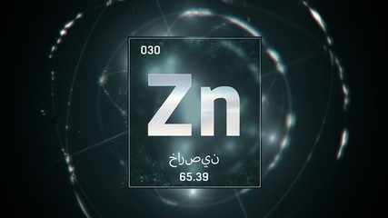 3D illustration of Zinc as Element 30 of the Periodic Table. Green illuminated atom design background with orbiting electrons. Design shows name, atomic weight and element number