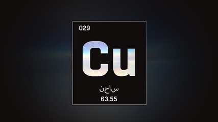 3D illustration of Copper as Element 29 of the Periodic Table. Grey illuminated atom design background orbiting electrons name, atomic weight element number in Arabic language