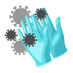 Illustration of protective medical gloves with coronavirus molecules Covid-19.