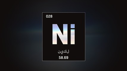 3D illustration of Nickel as Element 28 of the Periodic Table. Grey illuminated atom design background orbiting electrons name, atomic weight element number in Arabic language