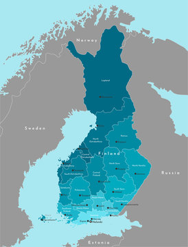Vector modern illustration. Simplified administrative map of Finland. It is bordered by Sweden, Norway, Russia. Names of finnish cities and regions. Blue and grey colors