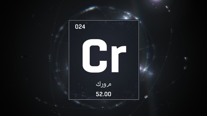 3D illustration of Chromium as Element 24 of the Periodic Table. Silver illuminated atom design background orbiting electrons name, atomic weight element number in Arabic language
