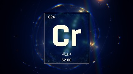 3D illustration of Chromium as Element 24 of the Periodic Table. Blue illuminated atom design background orbiting electrons name, atomic weight element number in Arabic language