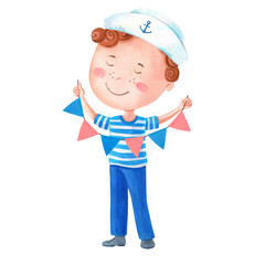 The little sailor with flags.A cute cartoon boy in a marine suit .Watercolour nautical illustration