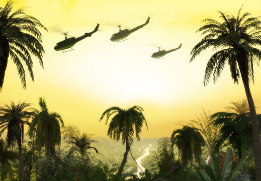 Vietnam War - Helicopter Formation over Jungle