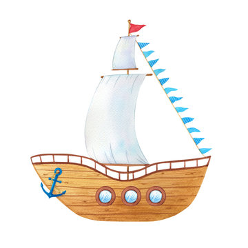 Watercolor wooden ship with sails, flags and anchor.Isolated cartoon image of a sea vessel on a white background.