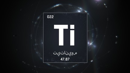 3D illustration of Titanium as Element 22 of the Periodic Table. Silver illuminated atom design background orbiting electrons name, atomic weight element number in Arabic language