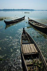 Abandoned wooden fishing boats on Taung Tha Man Lake at Amarapura, Mandalay, Myanmar