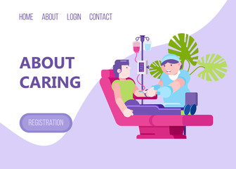 Caring web landing banner, character nurse take blood male patient, flat vector illustration. Button home about login and contact. Internet page for medical site, therapeutic department test.