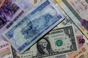 One  US Dollar with Different Ethiopia Banknotes