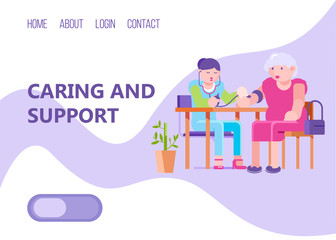 Support old people web landing banner, character nurse measure blood pressure female aged patient, flat vector illustration. Button home about login and contact. Internet page for medical site.