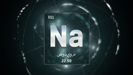 3D illustration of Neon as Element 10 of the Periodic Table. Silver illuminated atom design background orbiting electrons name, atomic weight element number in Arabic language