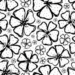 Hand drawn leaves. Flowers seamless pattern. Elegant spring and summer design. Floral elements for background prints, wedding invitations, wallpapers, textile, fabric. Black and white backdrop. Vector