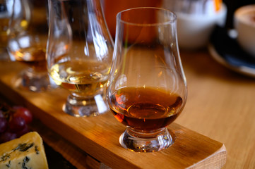 Flight of Scottish whisky, tasting glasses with variety of single malts or blended whiskey spirits on distillery tour in Scotland