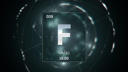 3D illustration of Fluorine as Element 9 of the Periodic Table. Green illuminated atom design background orbiting electrons name, atomic weight element number in Arabic language