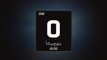 Fototapeta premium 3D illustration of Oxygen as Element 8 of the Periodic Table. Grey illuminated atom design background orbiting electrons name, atomic weight element number in Arabic language