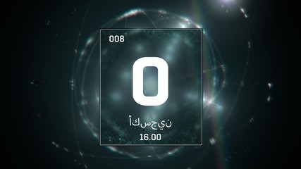 3D illustration of Oxygen as Element 8 of the Periodic Table. Green illuminated atom design background orbiting electrons name, atomic weight element number in Arabic language