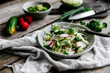 Salad with young cabbage, radish and cucumbers. Vegetarian salad
