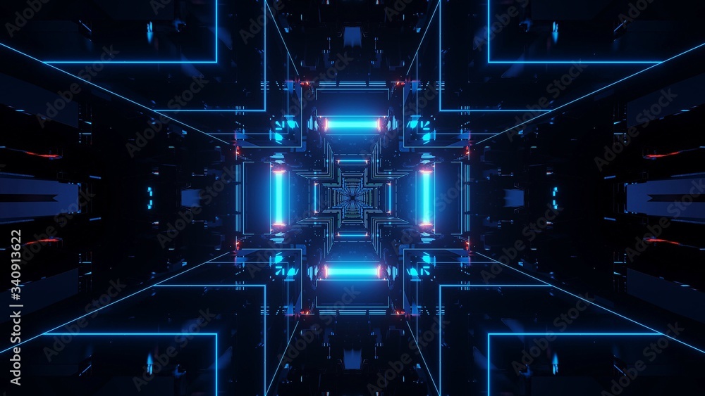 Poster 3d rendering of a rectangular hallway made up of blue and red lights