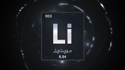 3D illustration of Lithium as Element 3 of the Periodic Table. Silver illuminated atom design background orbiting electrons name, atomic weight element number in Arabic language
