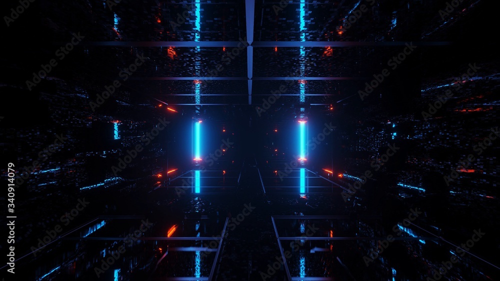 Aufkleber 3d rendering of a rectangular hallway made up of blue and red lights