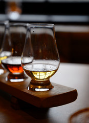 Flight of Scottish whisky, tasting glasses with variety of single malts or blended whiskey spirits on distillery tour in Scotland