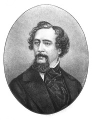 The Charles Dickens' portrait, an English writer and social critic in the old book the Charles Dickens's life, by A. Annenskaya, 1892, St. Petersburg