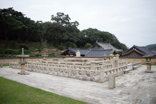Geumgang Gyedan (Diamond Altar) behind Daeungjeon (main Dharma Hall) with relics of the Buddha at Tongdosa temple near Yangsan, South Gyeongsang Province, Korea