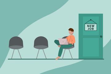 NEW JOB concept. Recruitment flat banner. man on chair front of door for giving job interview. Stock vector illustration