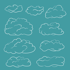 Clouds vector set hand drawn doodle, White lines sketch on teal color background