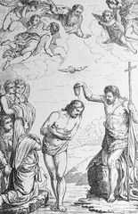 Plakat The Baptism of Jesus by Giuseppe Porta, an Italian painter of the late-Renaissance period in the old book Histoire des Peintres, by M. Blanc, 1868, Paris