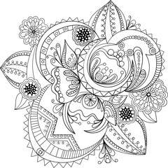 Decorative Doodle flowers in black and white for coloring book, cover or background. Hand drawn sketch for adult anti stress coloring page. vector illustration.