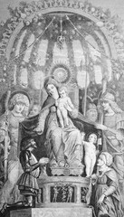 Fototapeta na wymiar The Virgin of Victory by Andrea Mantegna, an Italian painter in the old book Histoire des Peintres, by M. Blanc, 1868, Paris