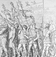 The Soldiers of Caesar's Triumph by Andrea Mantegna, an Italian painter in the old book Histoire des Peintres, by M. Blanc, 1868, Paris