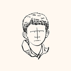 Boy portrait with no fase but sad lines, Linear sketch, Hand drawn illustration