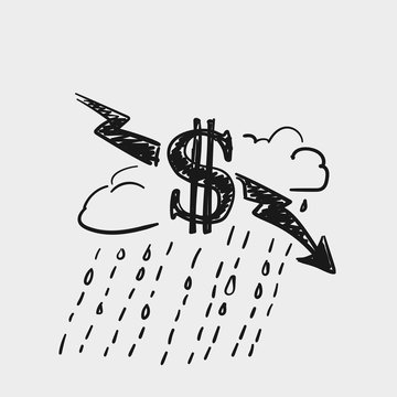 Crisis dollar rate decrease, Money symbol with down arrow lightning on rainy cloud vector fast sketch, Hand drawn illustration