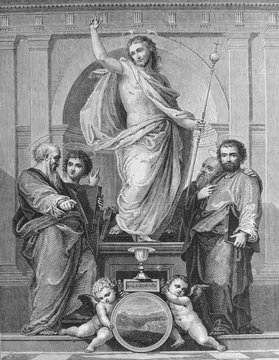 The Savior of the World by Fra Bartolomeo, an Italian Renaissance painter of religious subjects in the old book Histoire des Peintres, by M. Blanc, 1868, Paris