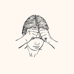 Sketch of young woman has problem holding hands in fists on her forehead, Hand drawn vector linear portrait illustration