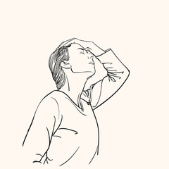 Sketch of young woman has headache holding hand on her head, Hand drawn vector linear portrait in profile