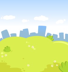 Cartoon cityscape with green grass on foreground and clouds in the sky. Cartoon flat vector illustration.