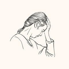 Sketch of young woman has headache holding hand on her forehead, Hand drawn vector linear portrait in profile