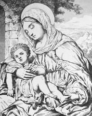 Fototapeta na wymiar The Virgin and Jesus by Moretto da Brescia, an Italian Renaissance painter from Brescia in the old book Histoire des Peintres, by M. Blanc, 1868, Paris