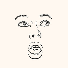 Face of excited young woman with open mouth looking sideways, Vector sketch Hand drawn illustration