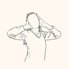 Sketch of surprised woman without face touching her head with hands in excitement, Vector Hand drawn linear illustration