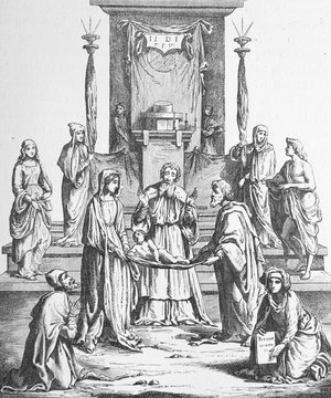 The Presentation in the Temple by Lorenzo Costa, an Italian painter of the Renaissance in the old book Histoire des Peintres, by M. Blanc, 1868, Paris