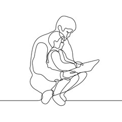 man sits on the floor a child sits on it. A father holds a tablet, his child pokes a finger at the center. One continuous line of art, a father and a child teach something, play a developmental game.